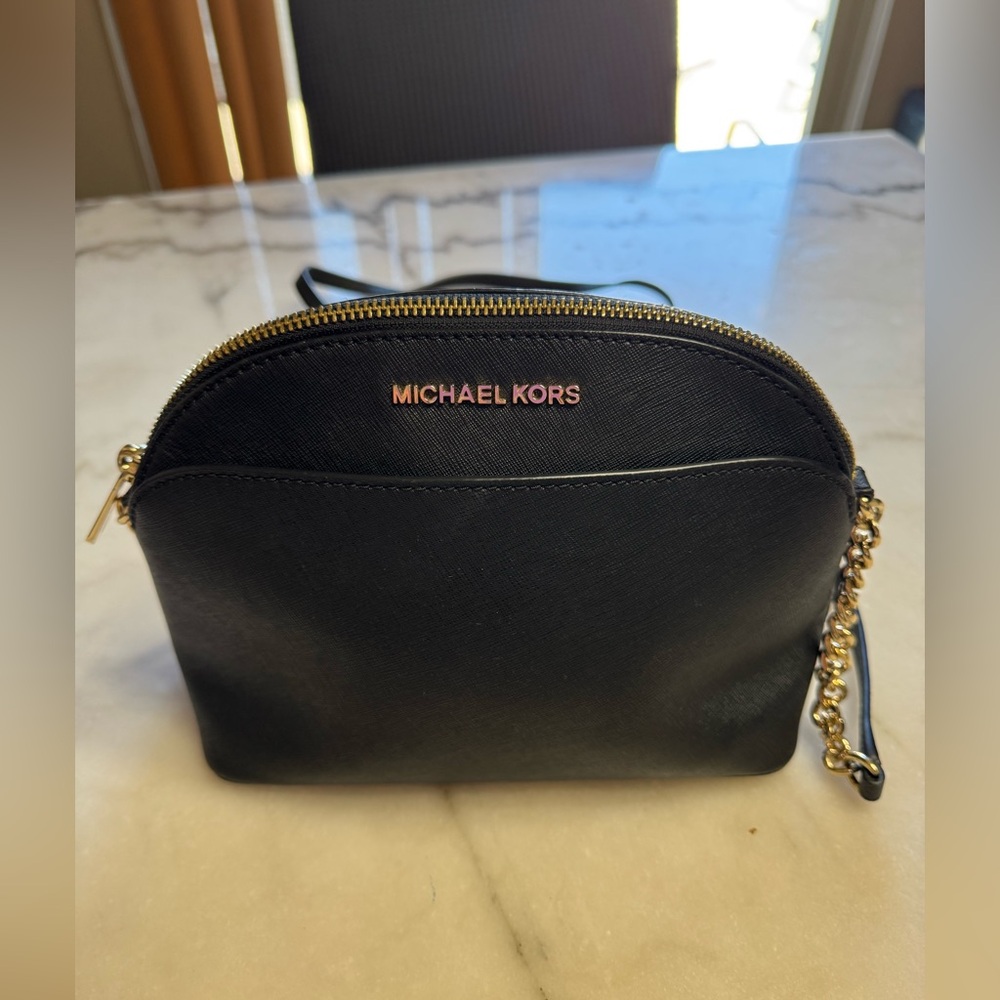 Michael Kors Black Leather Cross Body Bag W/ Gold Chains